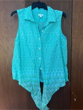 J. Jill Aqua Teal Sleeveless Button-Front Printed Blouse